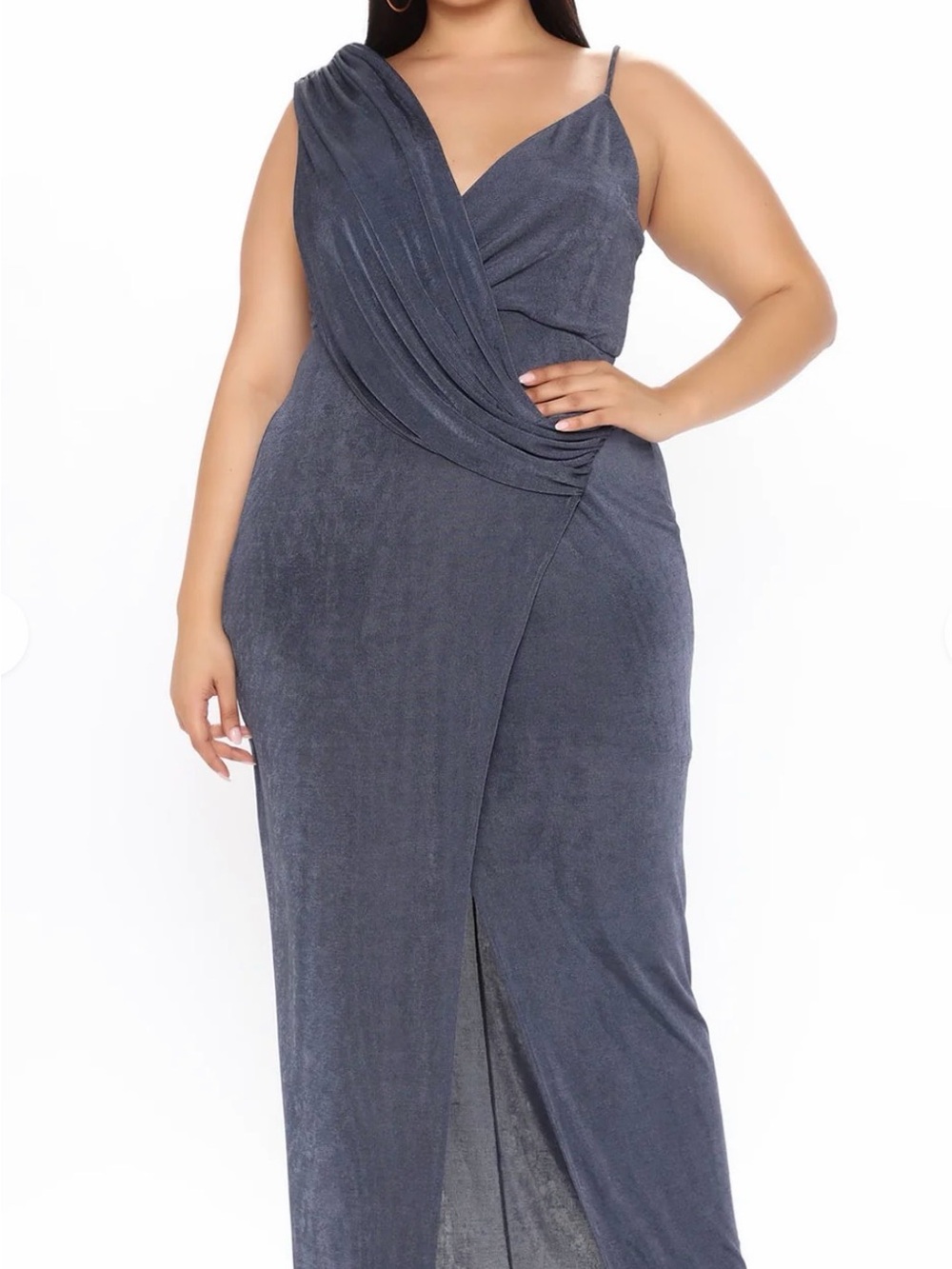 Fashion Nova Plus Size Slate Gray Draped One-Shoulder Evening Dress